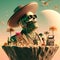 steampunk skater fashionable cool deejay alien mariachi hosting party in tropical island at sunset