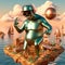 steampunk skater fashionable cool deejay alien mariachi hosting party in tropical island at sunset