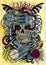 Steampunk skull with retro clock, gear mechanism, red rose, tubes, cogs and cross