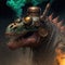 Steampunk stegosaur dinosaur with erupting volcano, generative AI