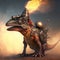 Steampunk stegosaur dinosaur with erupting volcano, generative AI