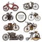 Steampunk sticker set. Set of vintage steam bike. Steampunk style - Vector
