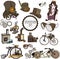 Steampunk sticker set. Set of vintage steam bike. Steampunk style - Vector