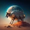 A steampunk style astronaut dog jumping on an outer planet