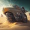 Steampunk-style Car, Abandoned and Rusting in a Vast Sand Desert, Surrounded by Dunes and a Bleak Landscape