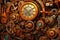 Steampunk style old and rusty gear wheels and clocks background with copy space