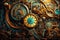 Steampunk style old and rusty gear wheels and clocks background with copy space