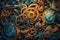 Steampunk style old and rusty gear wheels and clocks background with copy space