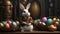 Steampunk style rabbit with steam engines and colorful Easter eggs