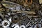 Steampunk texture of various engine and machinery parts such as cogwheels, flanges, axles and crankshafts welded together