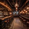 A steampunk-themed bar with copper pipes, gears as decor, and Edison bulb lighting2