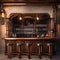 A steampunk-themed bar with copper pipes, gears as decor, and Edison bulb lighting4