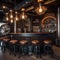 A steampunk-themed bar with vintage machinery, leather bar stools, and exposed gears as decor elements1