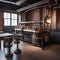 A steampunk-themed coffee shop with exposed pipes, vintage machinery, and industrial-style seating3