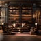 A steampunk-themed library with vintage books, leather armchairs, and antique brass accents3