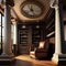 A steampunk-themed library with vintage books, leather armchairs, and antique brass accents5