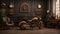 Steampunk-themed room features a stunning steampunk motorcycle