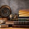 A steampunk-themed study with exposed gears, leather-bound books, and antique brass accents5, Generative AI