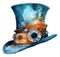 Steampunk vintage blue orange hat in a watercolor style. Fantasy victorian illustration. Created with Generative AI technology