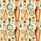 Steampunk vintage seamless pattern with bottles,  clocks, lamps, barometr.