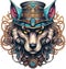 Steampunk Wolf logo emblem template. Colored vintage whimsical steam punk wolf mascot