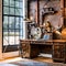 Steampunk Workshop: A steampunk-inspired home office with exposed gears, vintage industrial decor, and an antique writing desk f