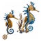 Steampunk yellow and blue seahorses - generative AI