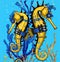 Steampunk yellow and blue seahorses - generative AI