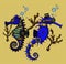 Steampunk yellow and blue seahorses - generative AI