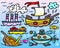 Steamship, sailing boat, wreckage, submarine and three curious fish.