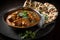 steamy bowl of chicken tikka masala, topped with fresh cilantro and served with warm naan