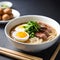 A steamy bowl of ramen with perfectly cooked noodles, slices of tender pork, and a soft-boiled egg