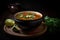 a steamy bowl of tom yam soup with watercress, chili, and lime
