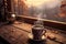 steamy cup of hot cocoa on a rustic cabin porch