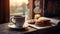 Steamy hot cup of espresso coffee on an old rustic wooden table with chocolate cookies - generative ai