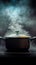 Steamy kitchen Pot emitting steam, dark logo, saucepan, culinary ambiance