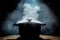 Steamy mystery Pot emitting steam, dark logo, saucepan in shadows