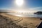 Stearn\\\'s Wharf in Santa Barbara California with Pacific Ocean shoreline and boats