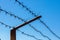 Steel barbed wire on the fence in the prison. Close-up