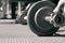 The steel barbell dumbbell in a gym muscle-building black and white image, life and fitness concept with copy space