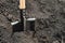 Steel bayonet shovel with a wooden handle standing in the soil