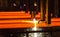 Steel Billets at Torch Cutting. Hot billet bloom continuous casting, also called strand casting