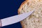 Steel blade of a kitchen knife and crumb of bread on a blue background