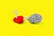 Steel Brain Model and Heart Padlock with Key on Yellow