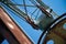 Steel cable and winch. Part of an old winch with a steel rope on a lift. Detail of the cableway. Close-up view of steel