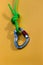 Steel carabiner with clutch. Equipment for climbing and mountaineering. Safety rope. Node eight