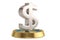 Steel dollar sign on golden podium. 3D illustration.