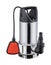 Steel drainage pump for pumping water, with automatic shut-off float, isolated white background. Flooded premises, pits