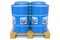 Steel drums or industrial barrels with CHEVRON CORPORATION logo ready for transportation on the pallet, editorial 3D