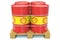 Steel drums or industrial barrels with ROYAL DUTCH SHELL logo ready for transportation on the pallet, editorial 3D